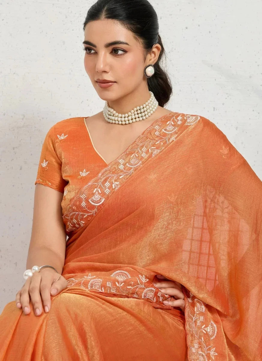 Nayoora Luxe Metallic Sunset Orange Shimmer Chiffon Saree - Nayoora