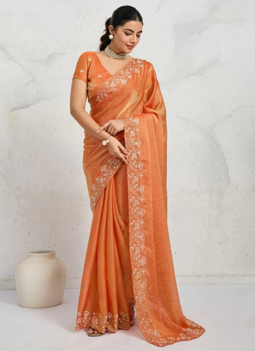 Nayoora Luxe Metallic Sunset Orange Shimmer Chiffon Saree - Nayoora