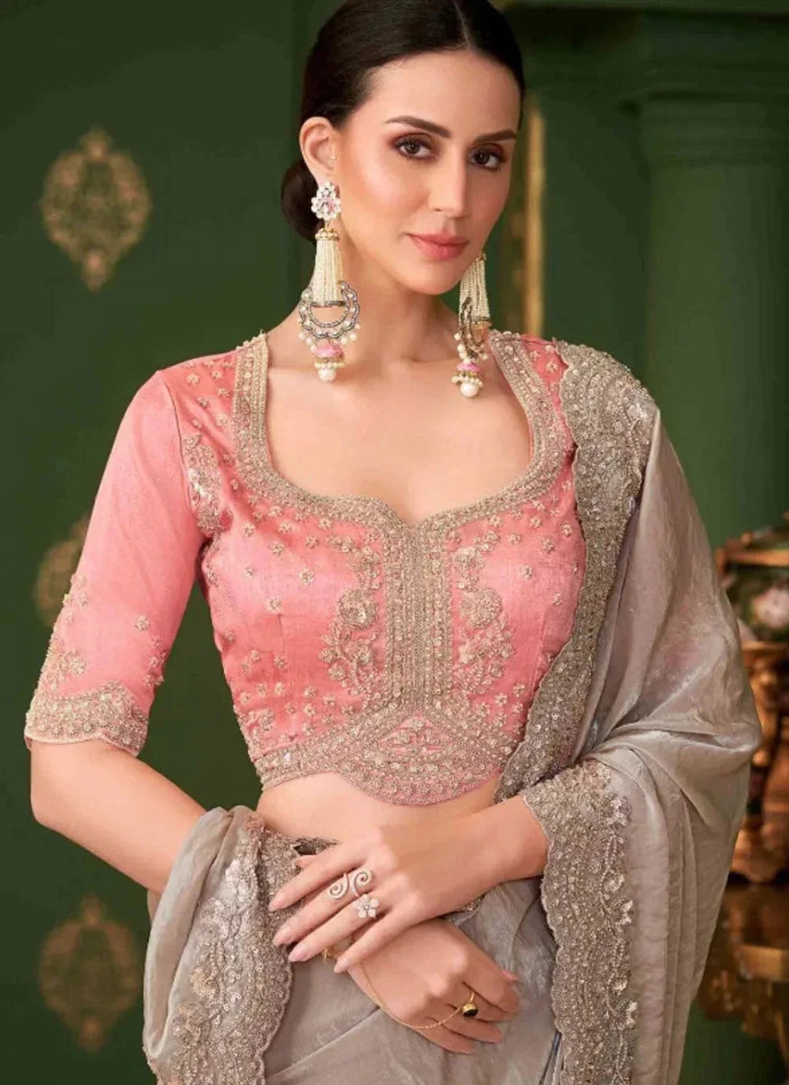 Nayoora Luxe Metallic Taupe Georgette Silk Saree With Blush Blouse - Nayoora