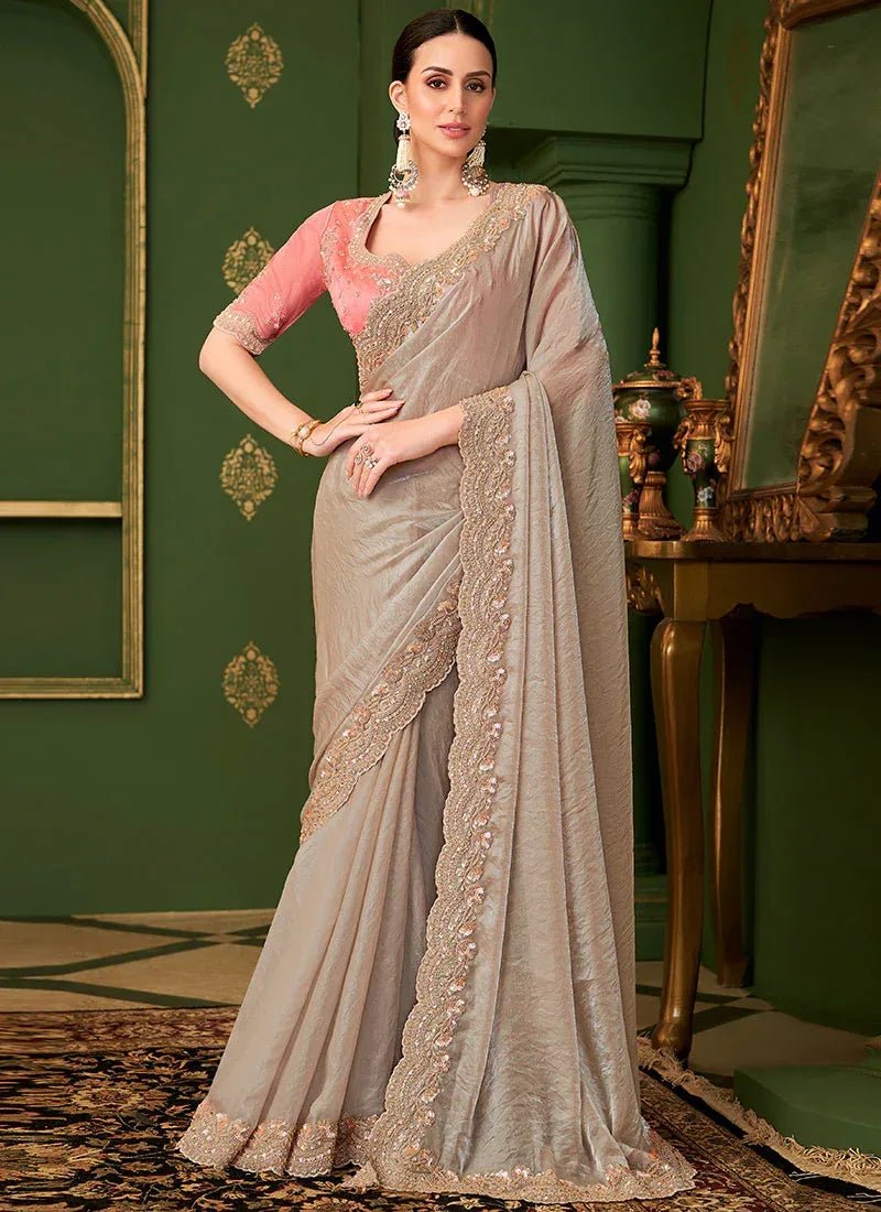 Nayoora Luxe Metallic Taupe Georgette Silk Saree With Blush Blouse - Nayoora