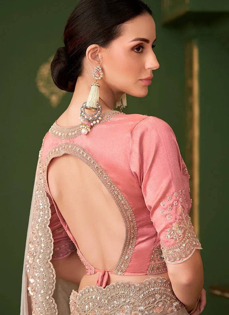 Nayoora Luxe Metallic Taupe Georgette Silk Saree With Blush Blouse - Nayoora