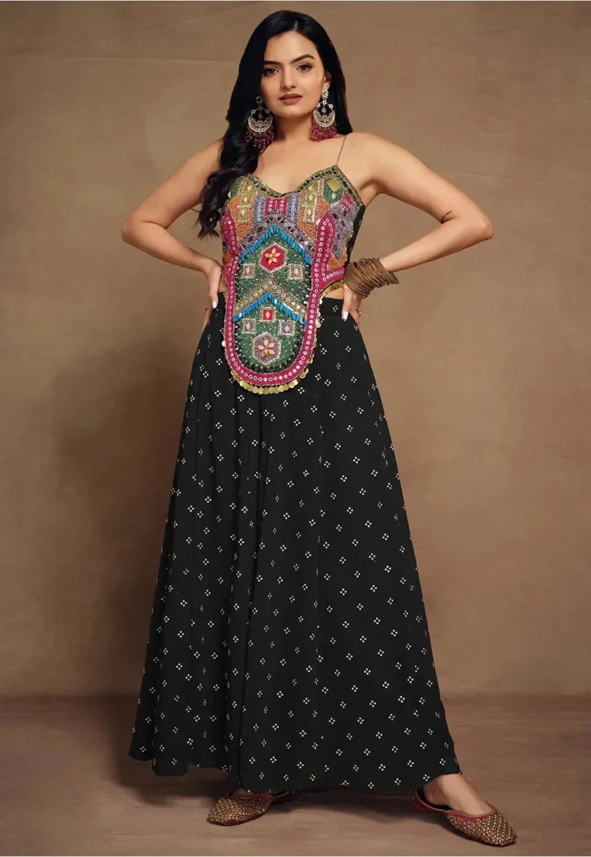 Nayoora Luxe Midnight Black Bohemian Beaded Bustier & Ruffle Palazzo Co - Ord Set - Nayoora