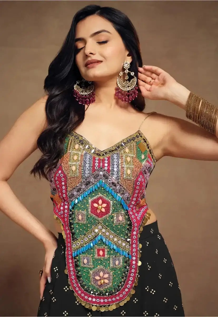 Beaded bustier top with multicolor ornate panel on black fabric