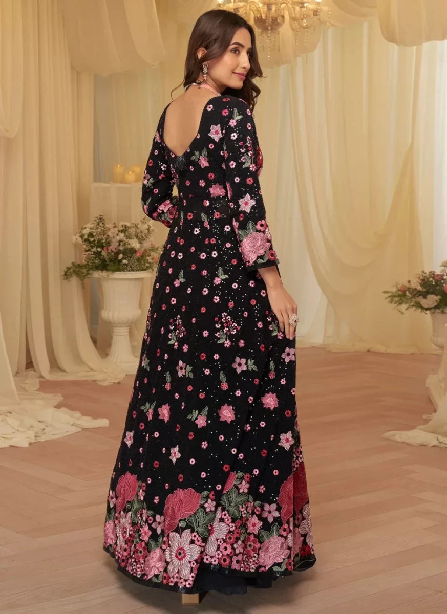 Nayoora Luxe Midnight Black Floral Georgette Front - Slit Skirt Set - Nayoora