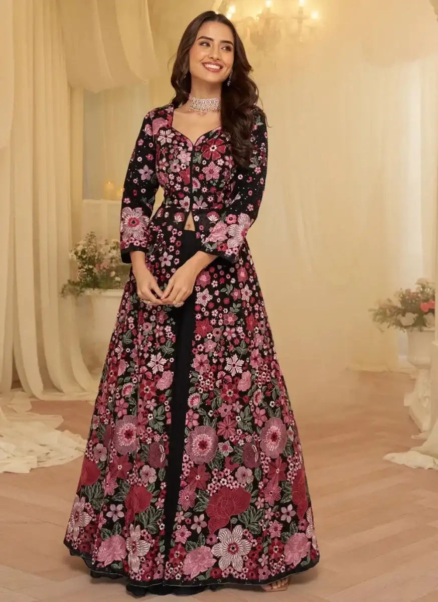 Floral maxi skirt set with long sleeves and full-length skirt, dark base with pink blooms