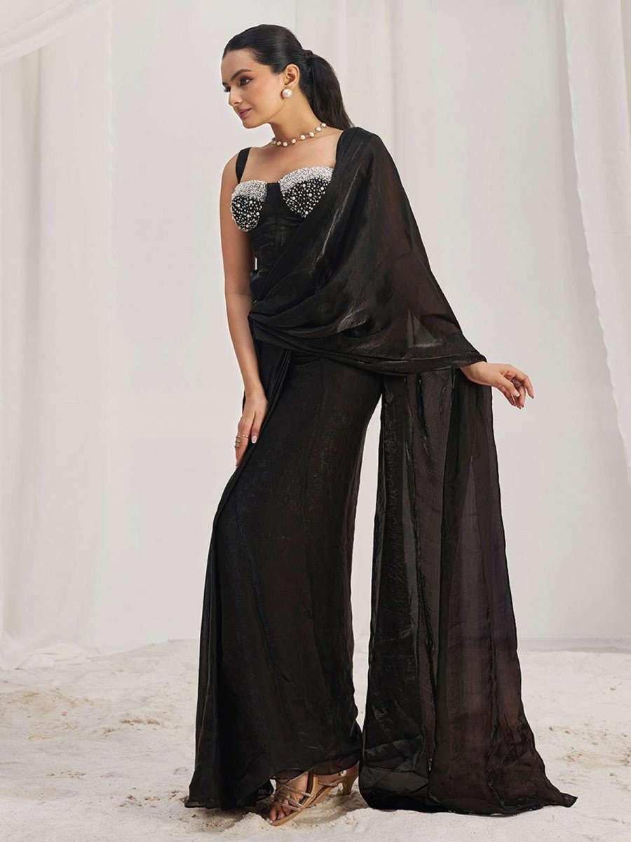 Nayoora Luxe Midnight Black Pearl Corset Ready - to - Wear Saree - Nayoora