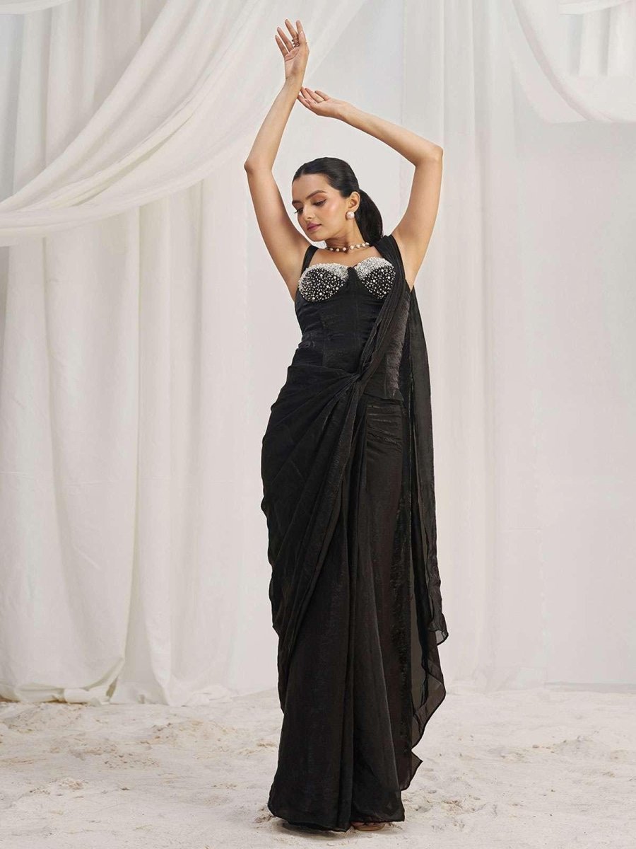 Nayoora Luxe Midnight Black Pearl Corset Ready - to - Wear Saree - Nayoora