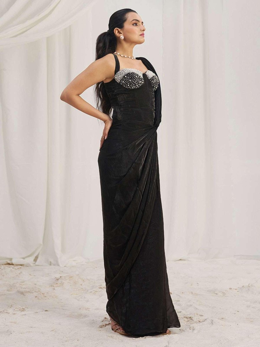 Nayoora Luxe Midnight Black Pearl Corset Ready - to - Wear Saree - Nayoora