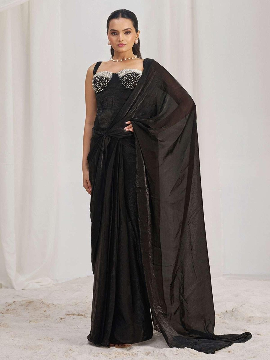 Nayoora Luxe Midnight Black Pearl Corset Ready - to - Wear Saree - Nayoora