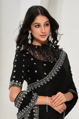 Black satin silk saree with silver sequined yoke and half sleeves