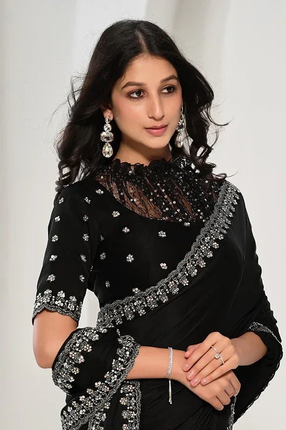Nayoora Luxe Midnight Black Satin Silk Sequined Saree - Nayoora