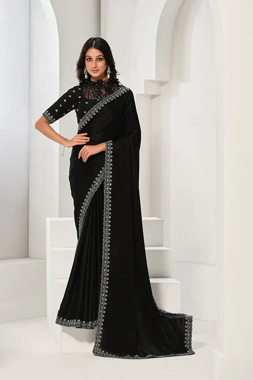 Nayoora Luxe Midnight Black Satin Silk Sequined Saree - Nayoora