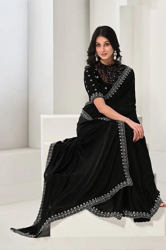 Nayoora Luxe Midnight Black Satin Silk Sequined Saree - Nayoora