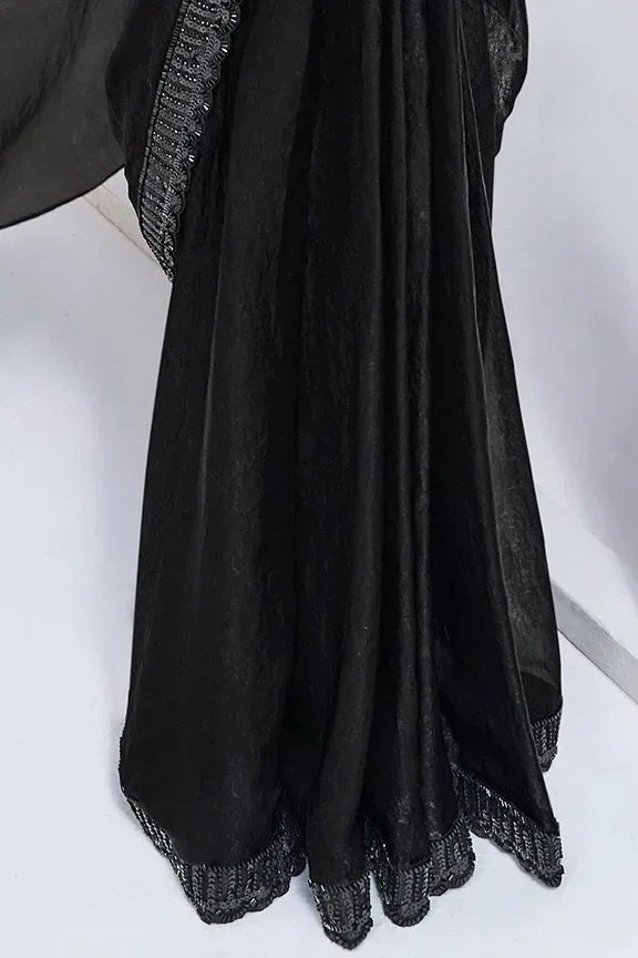 Nayoora Luxe Midnight Black Sequin Embroidered Satin Silk Ready - to - Wear Saree Set - Nayoora
