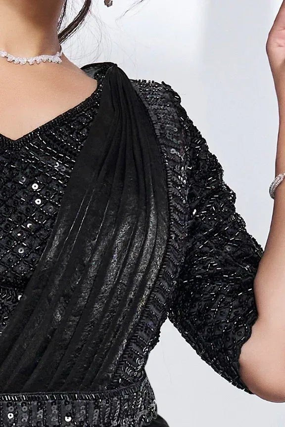 Nayoora Luxe Midnight Black Sequin Embroidered Satin Silk Ready - to - Wear Saree Set - Nayoora