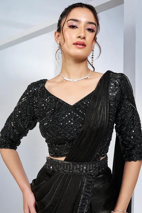 Nayoora Luxe Midnight Black Sequin Embroidered Satin Silk Ready - to - Wear Saree Set - Nayoora