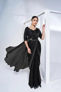 Nayoora Luxe Midnight Black Sequin Embroidered Satin Silk Ready - to - Wear Saree Set - Nayoora