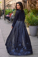 Midnight blue sequin jacket set, long flared kurta with side profile