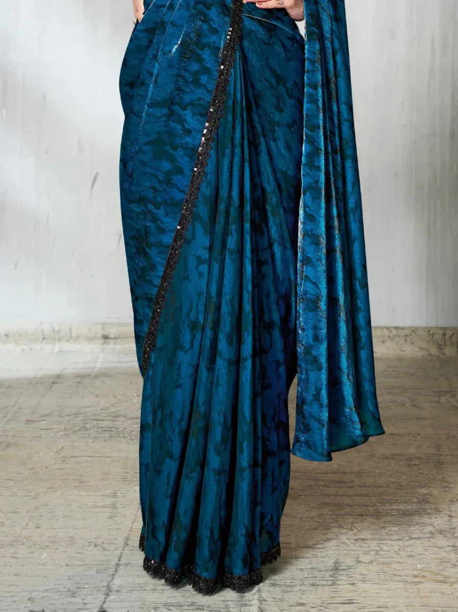 Nayoora Luxe Midnight Teal Satin Ready - to - Wear Saree Set - Nayoora
