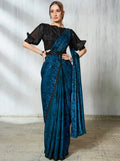 Midnight teal satin saree with black sequined blouse and draped border, ready-to-wear