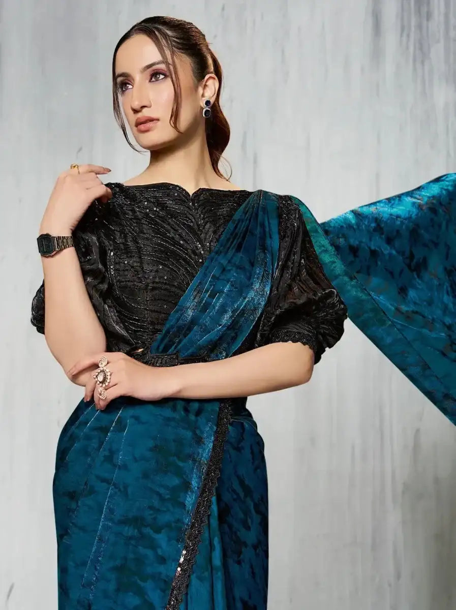 Teal satin saree with black sequined blouse and blue drape, ready-to-wear set