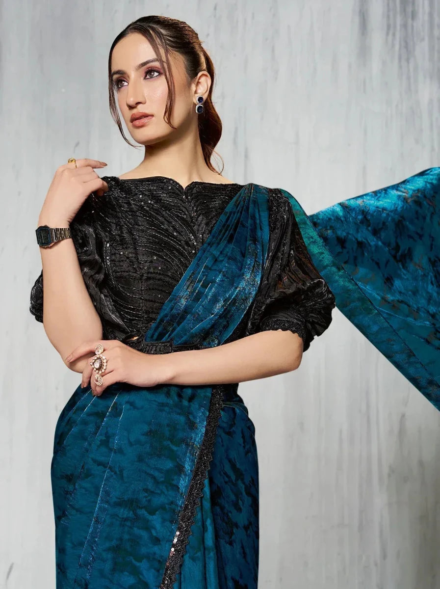 Nayoora Luxe Midnight Teal Satin Ready - to - Wear Saree Set - Nayoora