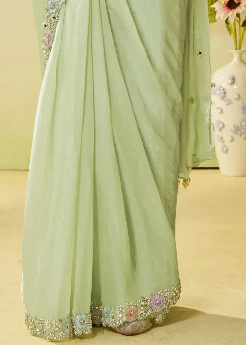 Nayoora Luxe Mint Green Satin Ready - to - Wear Floral Saree Set - Nayoora