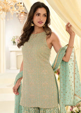 Mint green embroidered sleeveless kurta with flared hem and matching dupatta