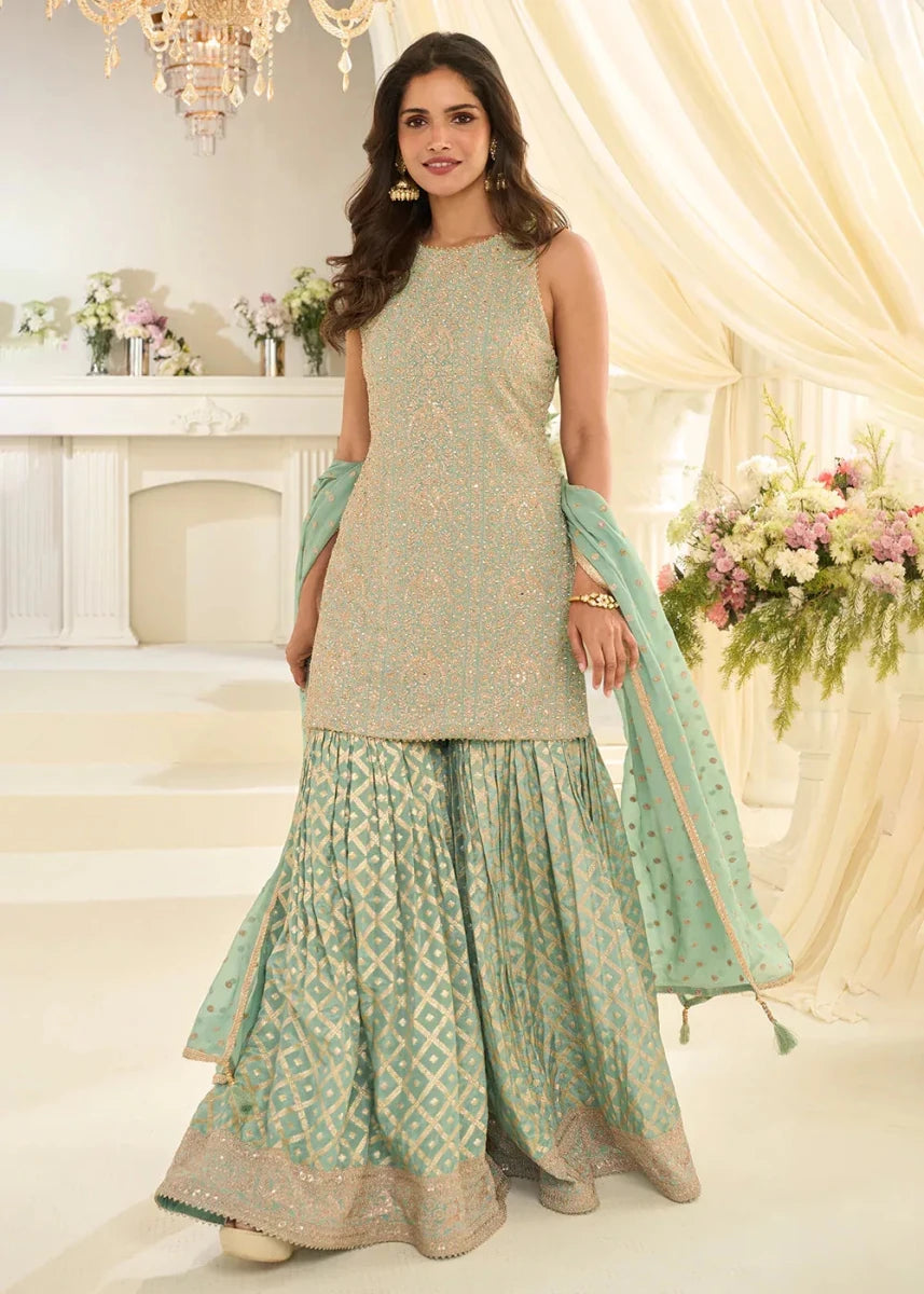 Nayoora Luxe Mint Green Zarkan Embroidered Georgette Gharara Suit - Nayoora