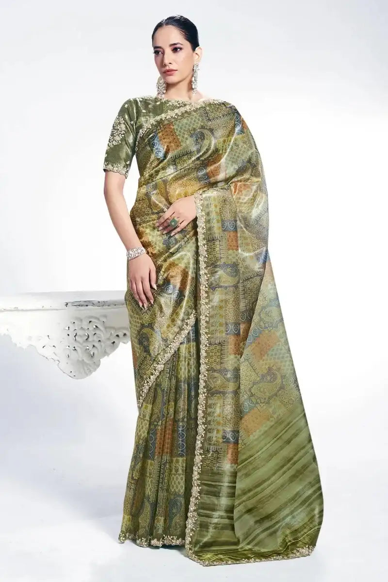 Nayoora Luxe Moss Green Digital Print Embroidered Silk Saree - Nayoora