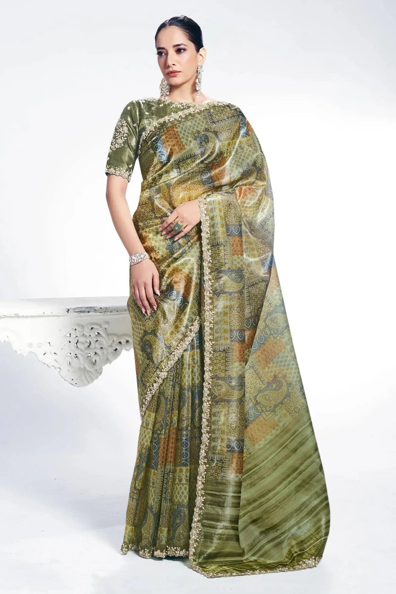 Nayoora Luxe Moss Green Digital Print Embroidered Silk Saree - Nayoora