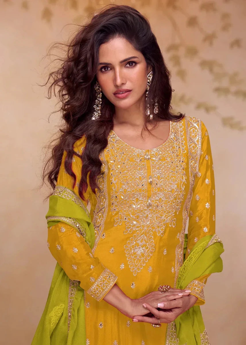Nayoora Luxe Mustard Lime Green Chinon Handwork A - Line Palazzo Suit - Nayoora