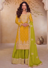 Mustard and lime green embroidered A-line palazzo suit with matching dupatta and pants