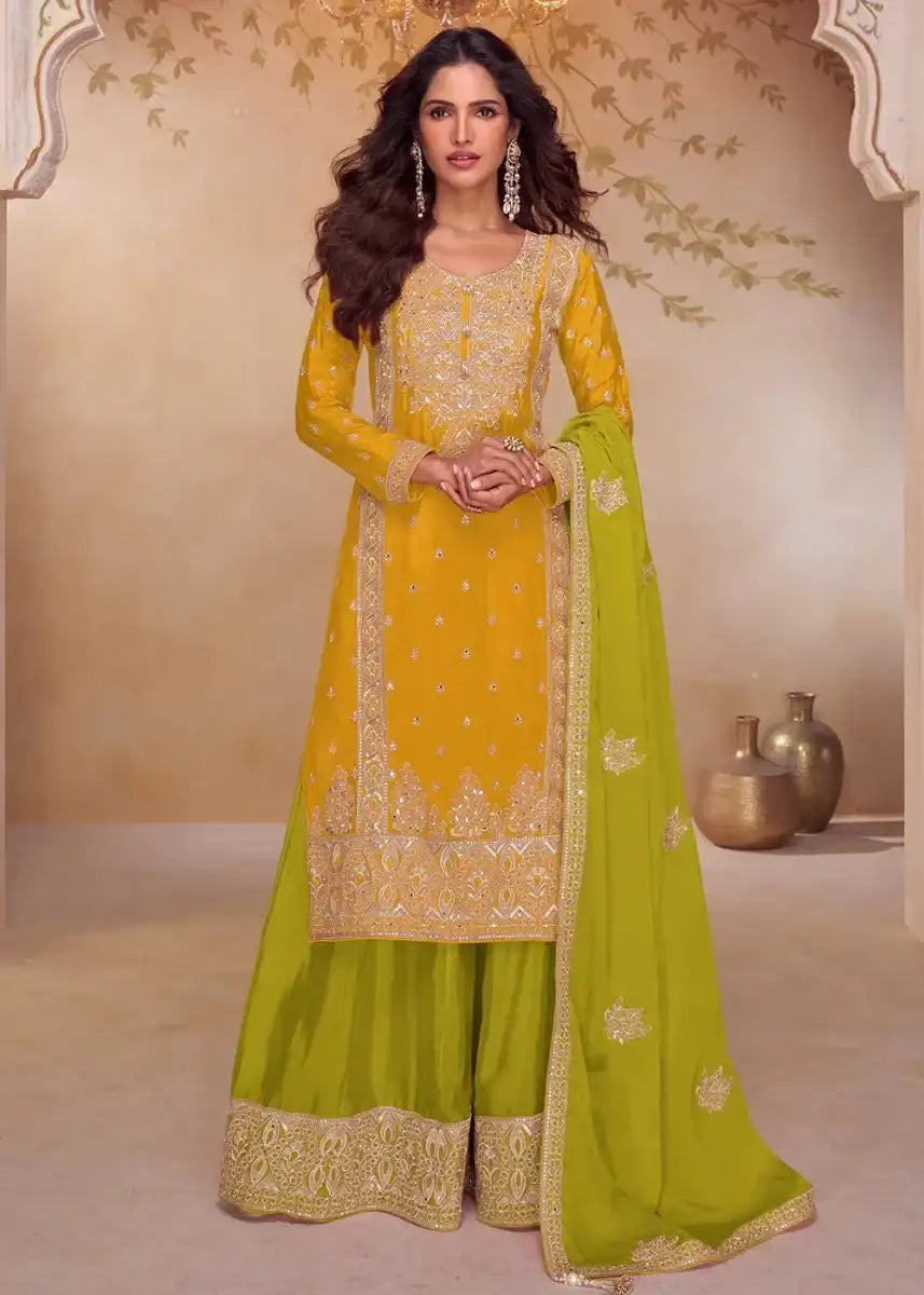 Embroidered mustard kurta suit set with green palazzo pants and lime dupatta