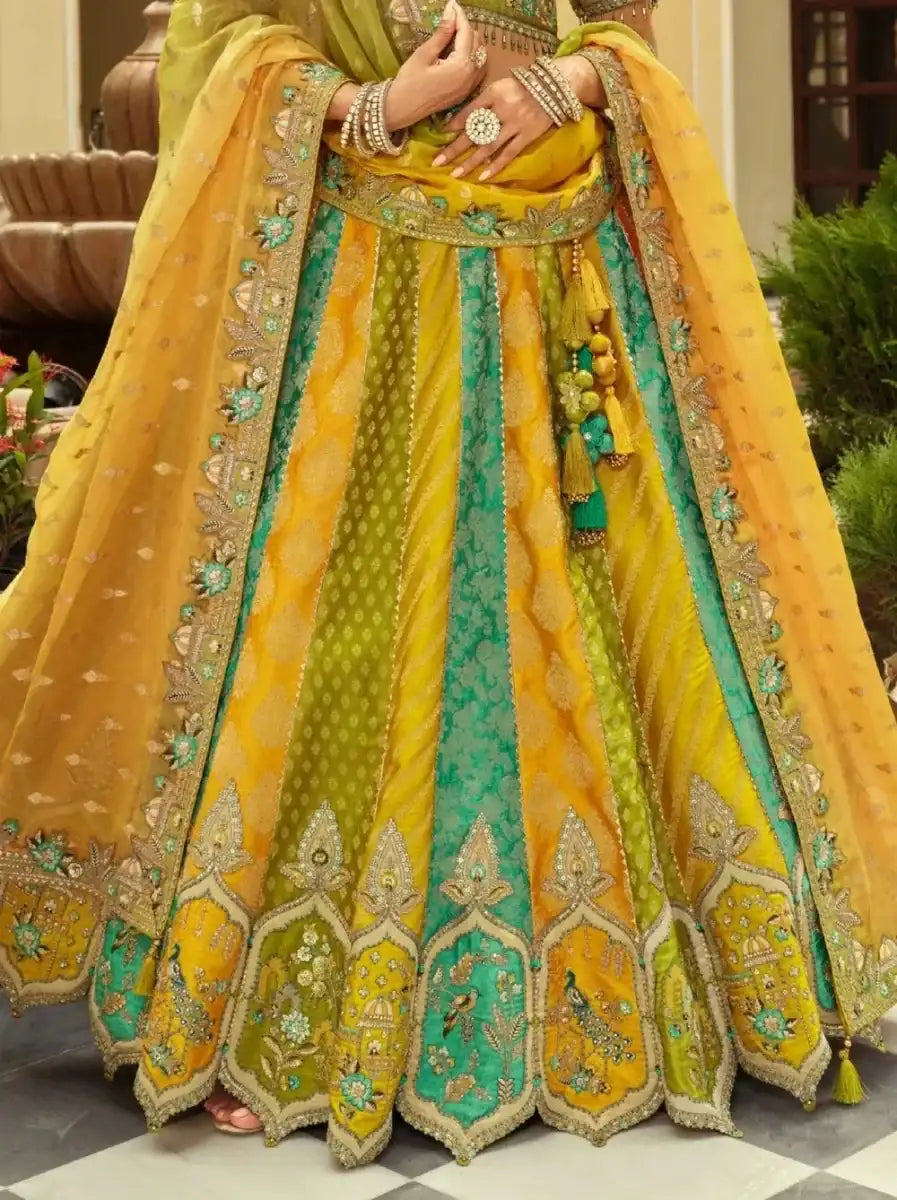 Nayoora Luxe Mustard & Teal Multi - Panel Mirror Work Readymade Couture Lehenga - Nayoora