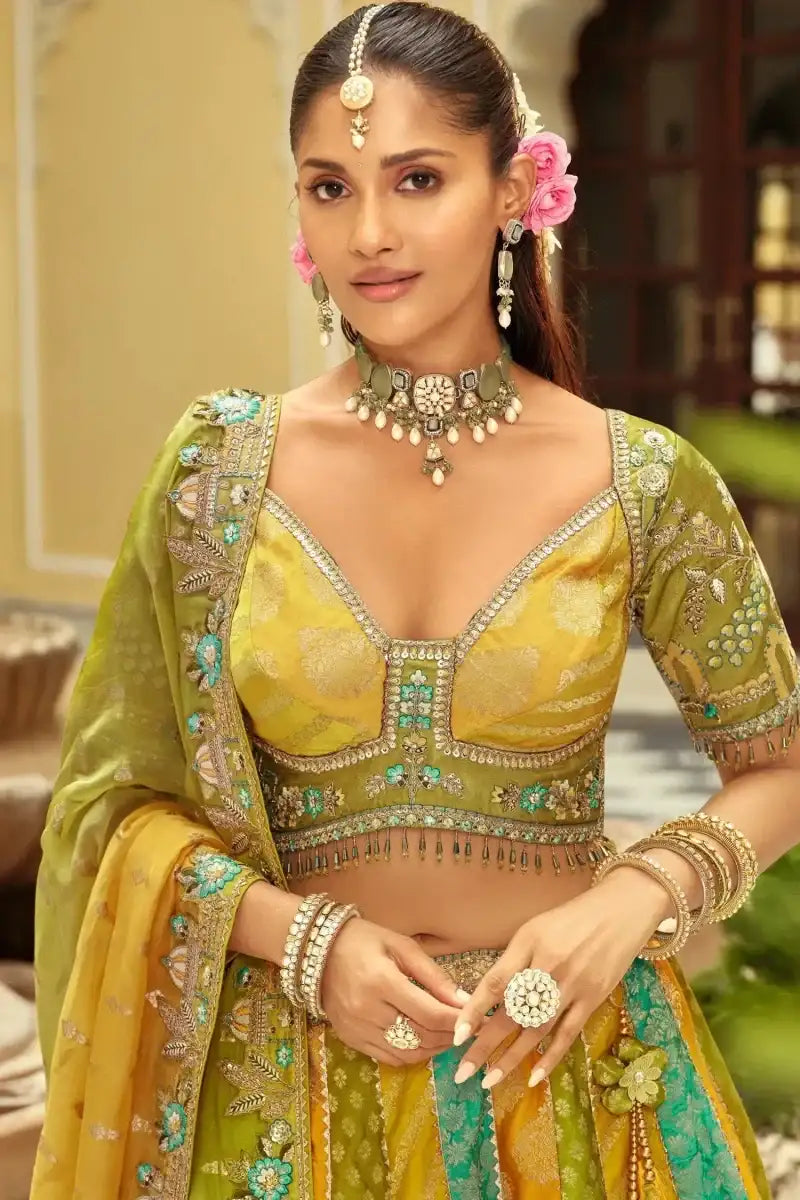 Nayoora Luxe Mustard & Teal Multi - Panel Mirror Work Readymade Couture Lehenga - Nayoora