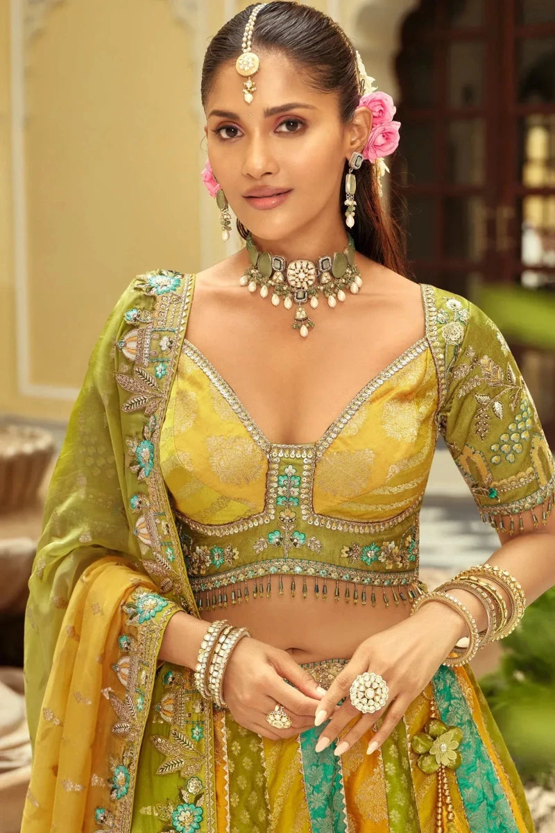 Nayoora Luxe Mustard & Teal Multi - Panel Mirror Work Readymade Couture Lehenga - Nayoora