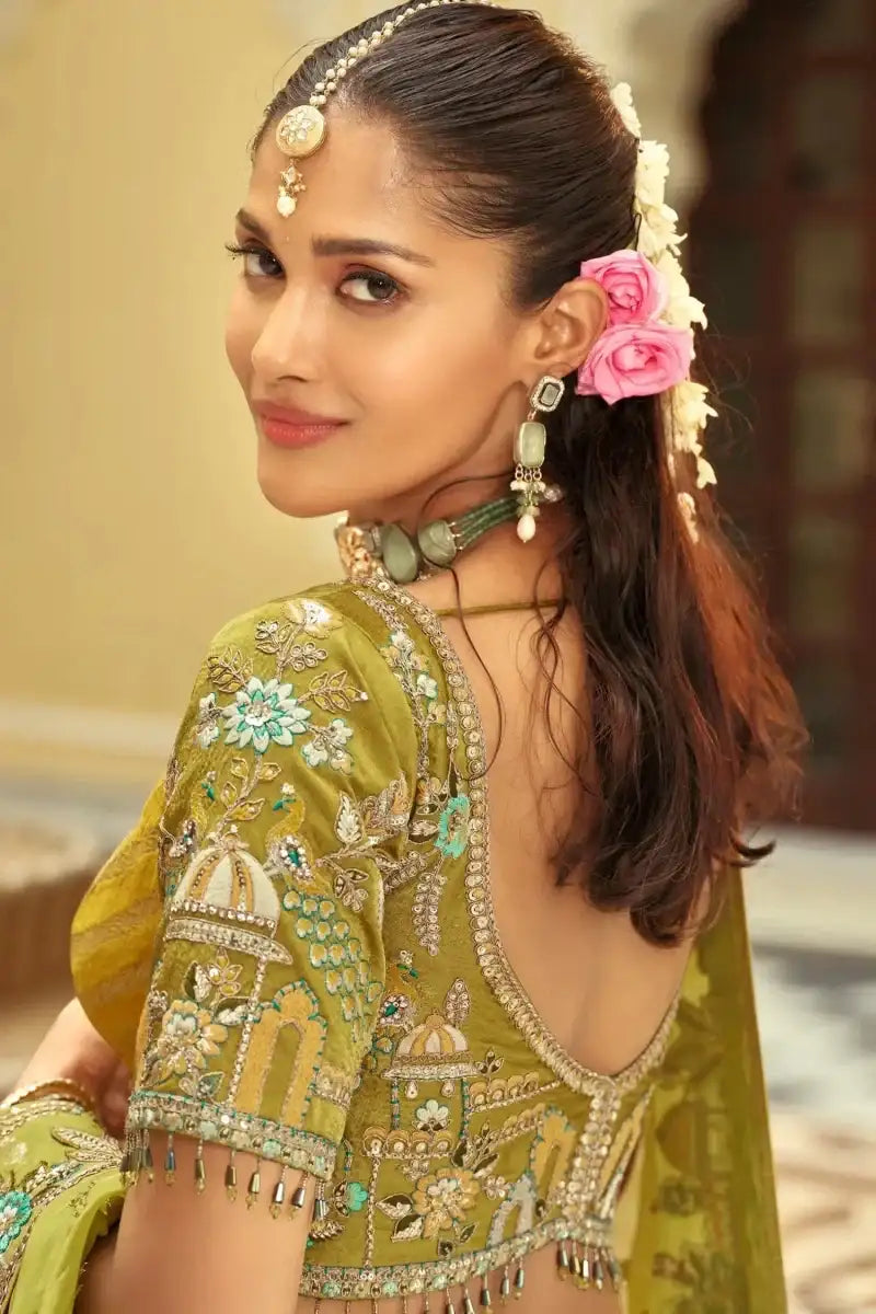 Nayoora Luxe Mustard & Teal Multi - Panel Mirror Work Readymade Couture Lehenga - Nayoora