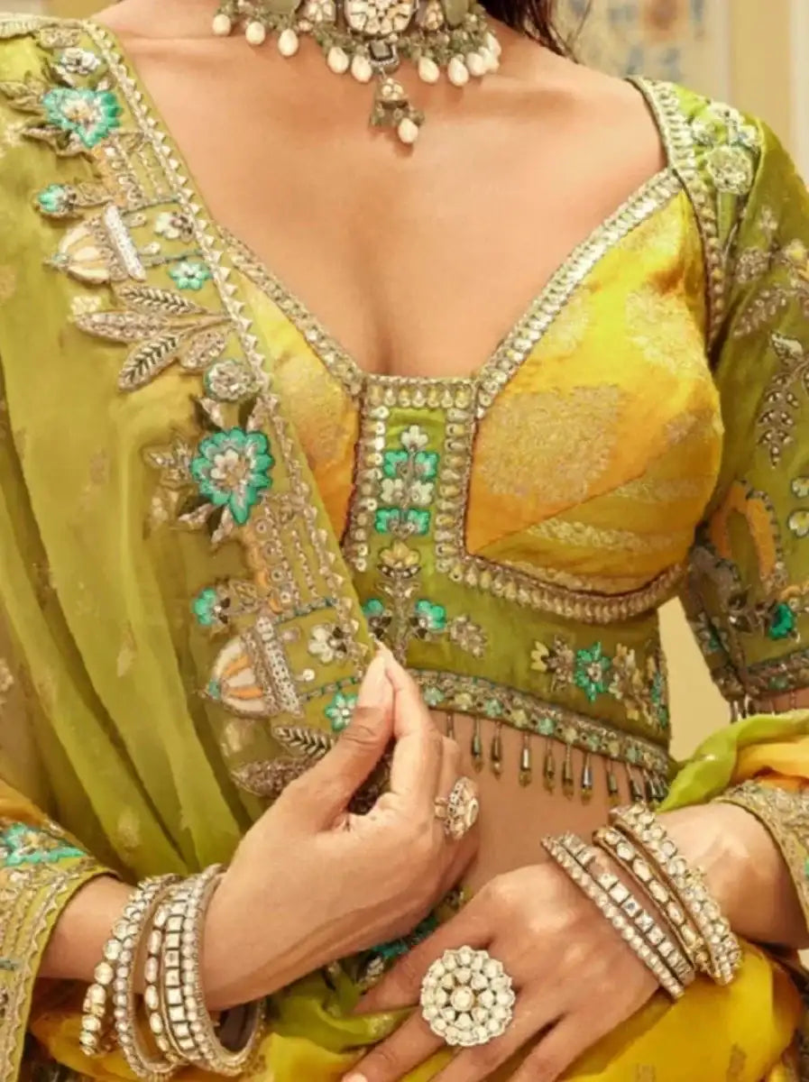 Nayoora Luxe Mustard & Teal Multi - Panel Mirror Work Readymade Couture Lehenga - Nayoora