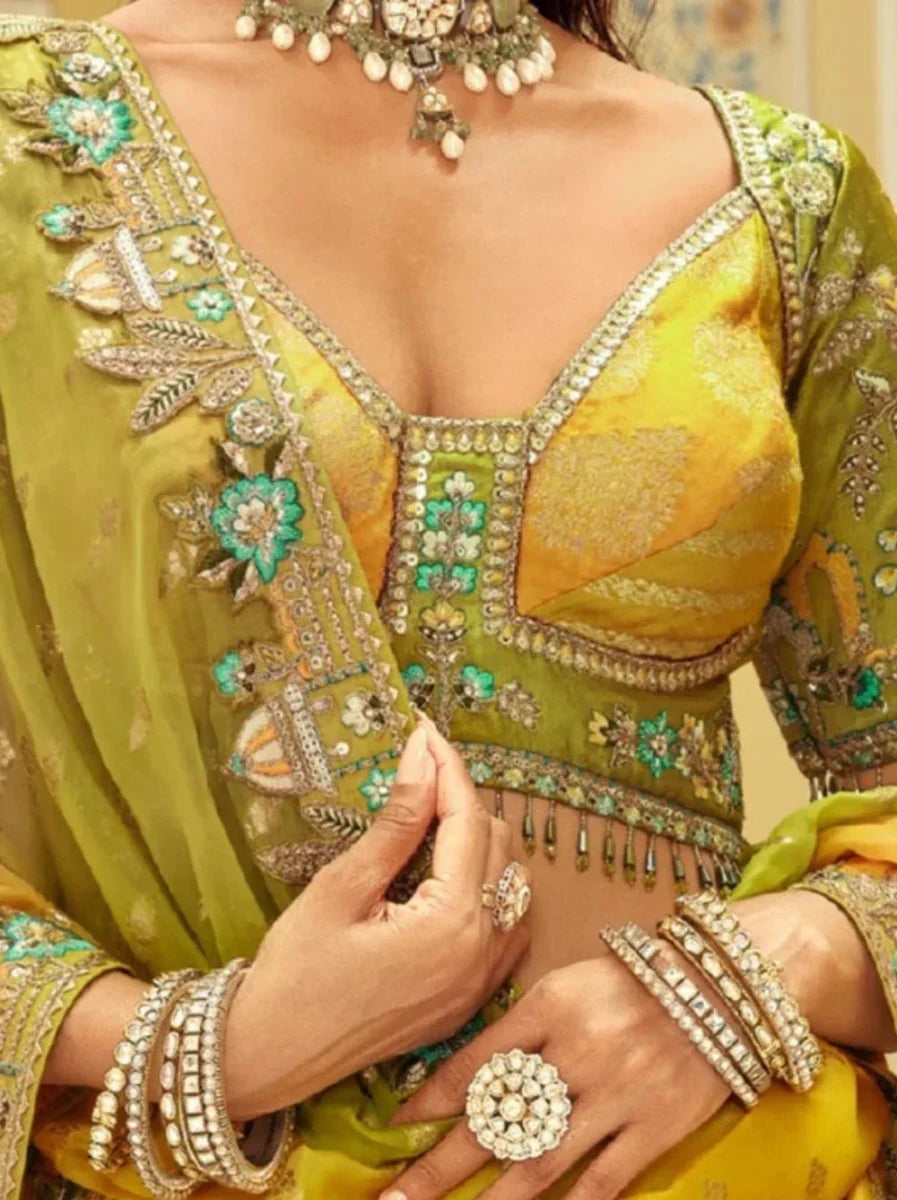 Nayoora Luxe Mustard & Teal Multi - Panel Mirror Work Readymade Couture Lehenga - Nayoora