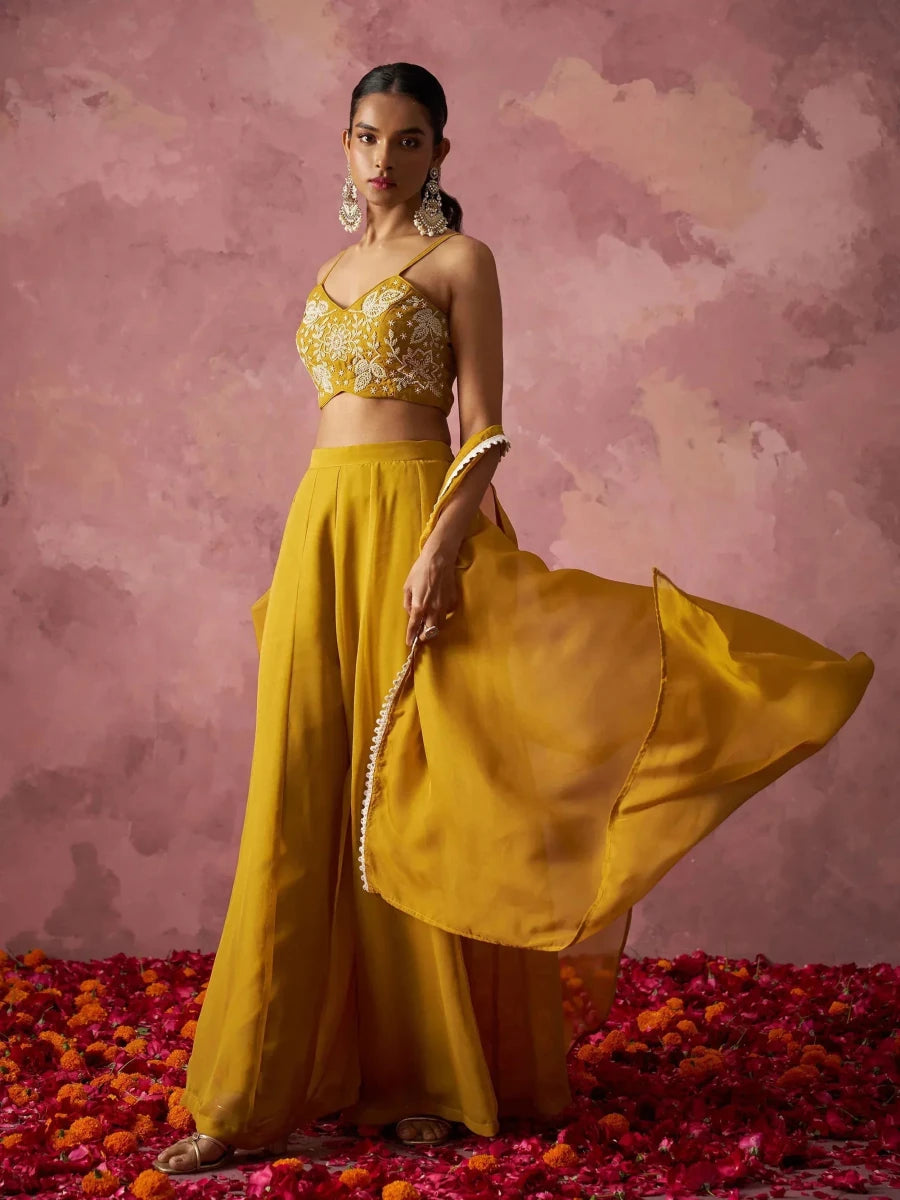 Nayoora Luxe Mustard Yellow Georgette Fusion Sharara Set with Organza Cape - Nayoora