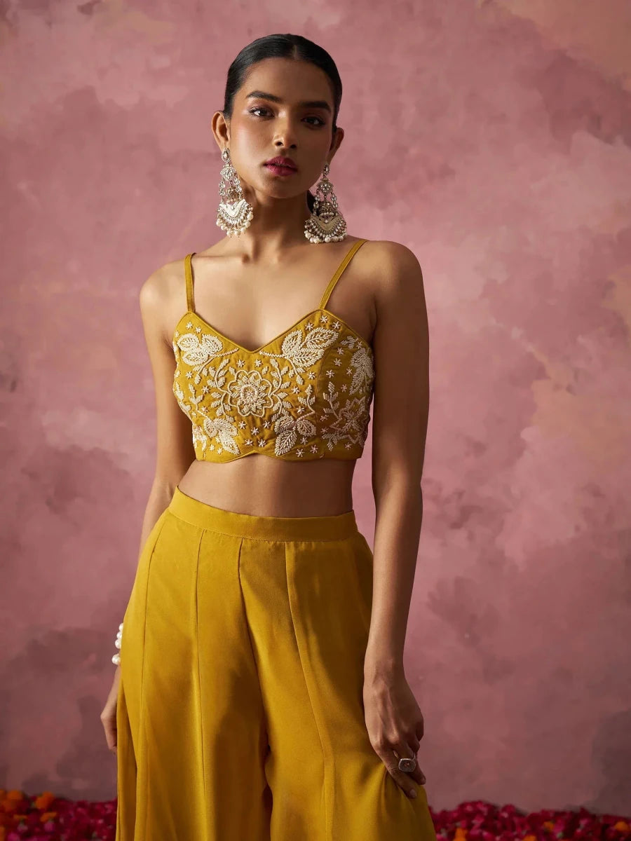 Nayoora Luxe Mustard Yellow Georgette Fusion Sharara Set with Organza Cape - Nayoora