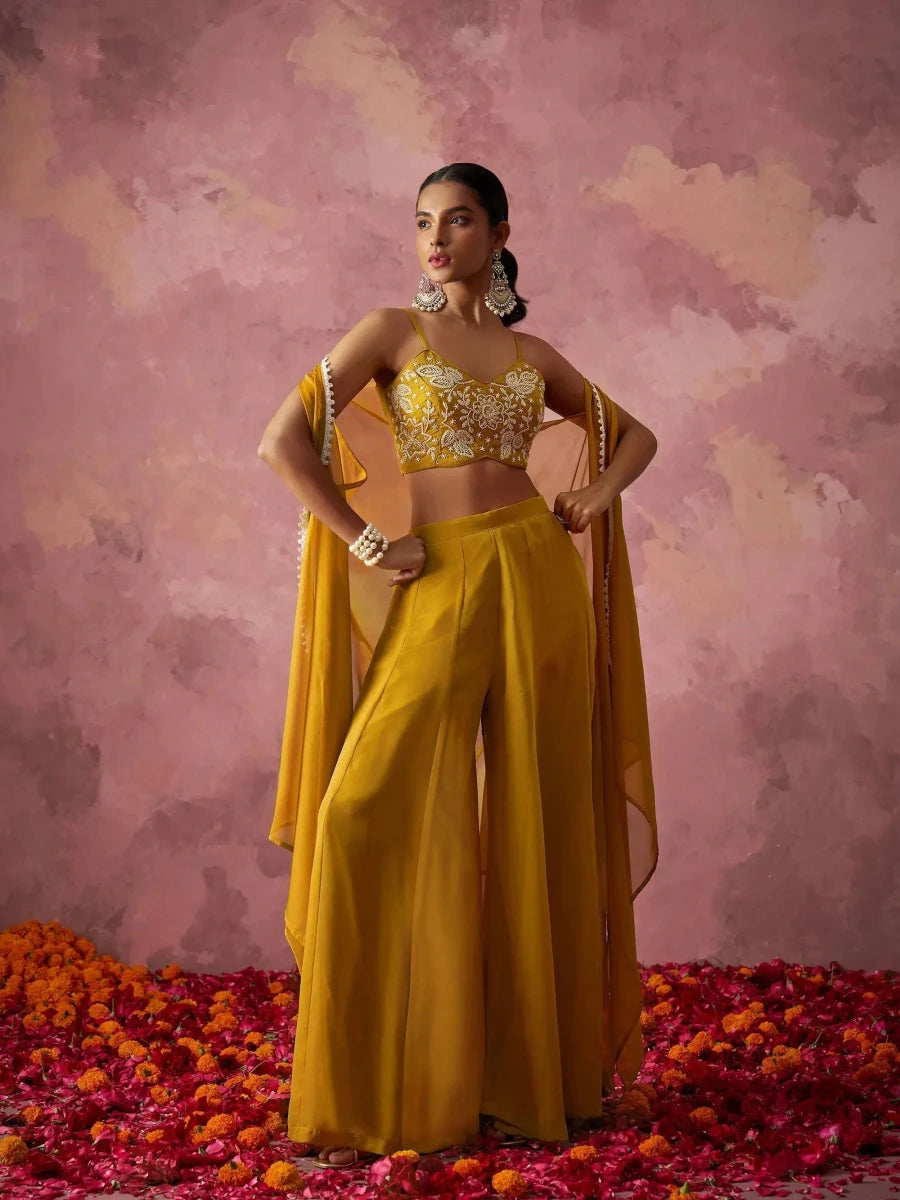 Nayoora Luxe Mustard Yellow Georgette Fusion Sharara Set with Organza Cape - Nayoora