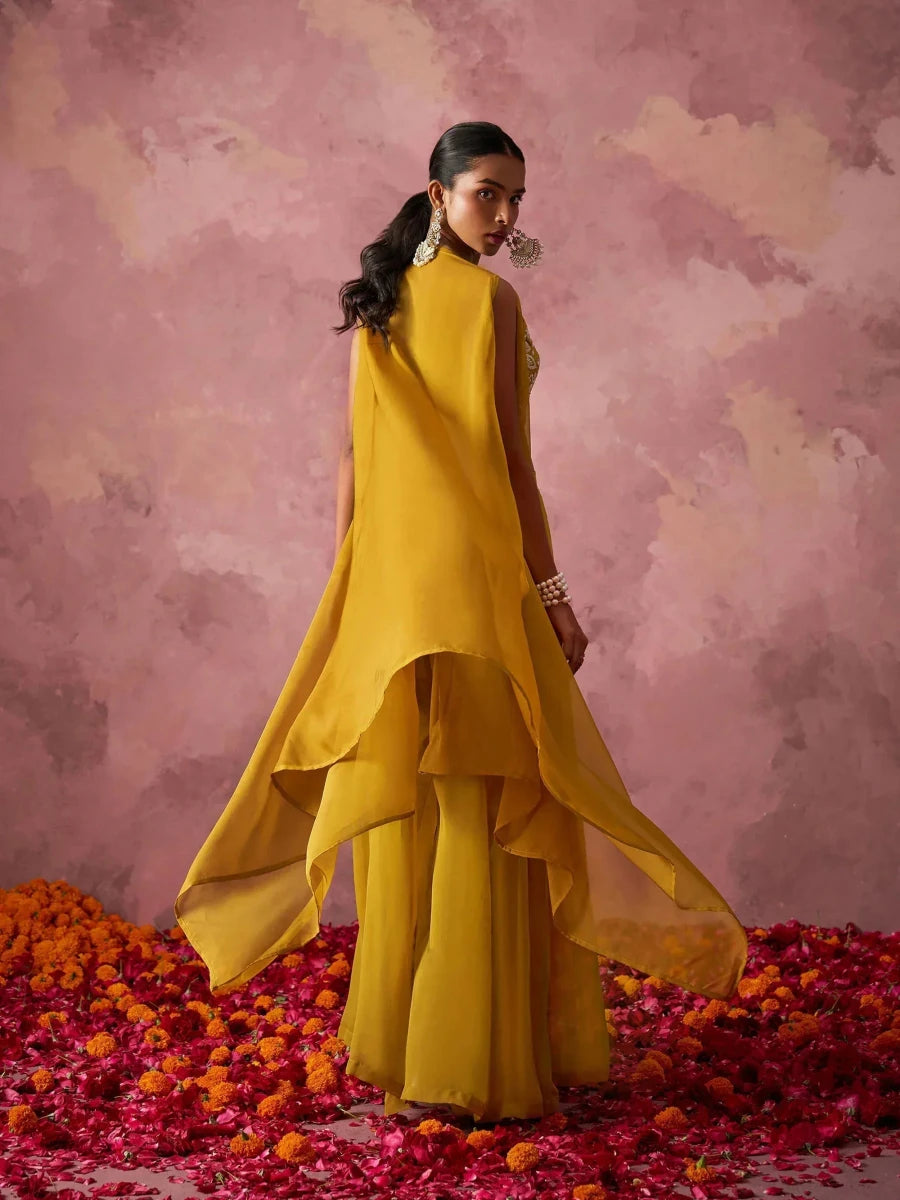 Nayoora Luxe Mustard Yellow Georgette Fusion Sharara Set with Organza Cape - Nayoora