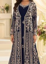 Navy gown with embroidered front jacket and V-neck bodice, floral motifs