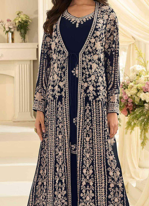 Navy gown with embroidered front jacket and V-neck bodice, floral motifs
