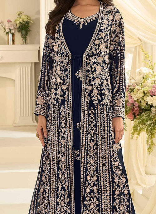 Nayoora Luxe Navy Chinon Silk Mastani Gown with Embroidered Jacket & Belt - Nayoora