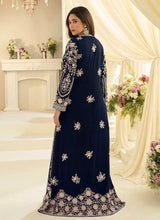 Navy long gown with embroidered jacket overlay and floral panel hem