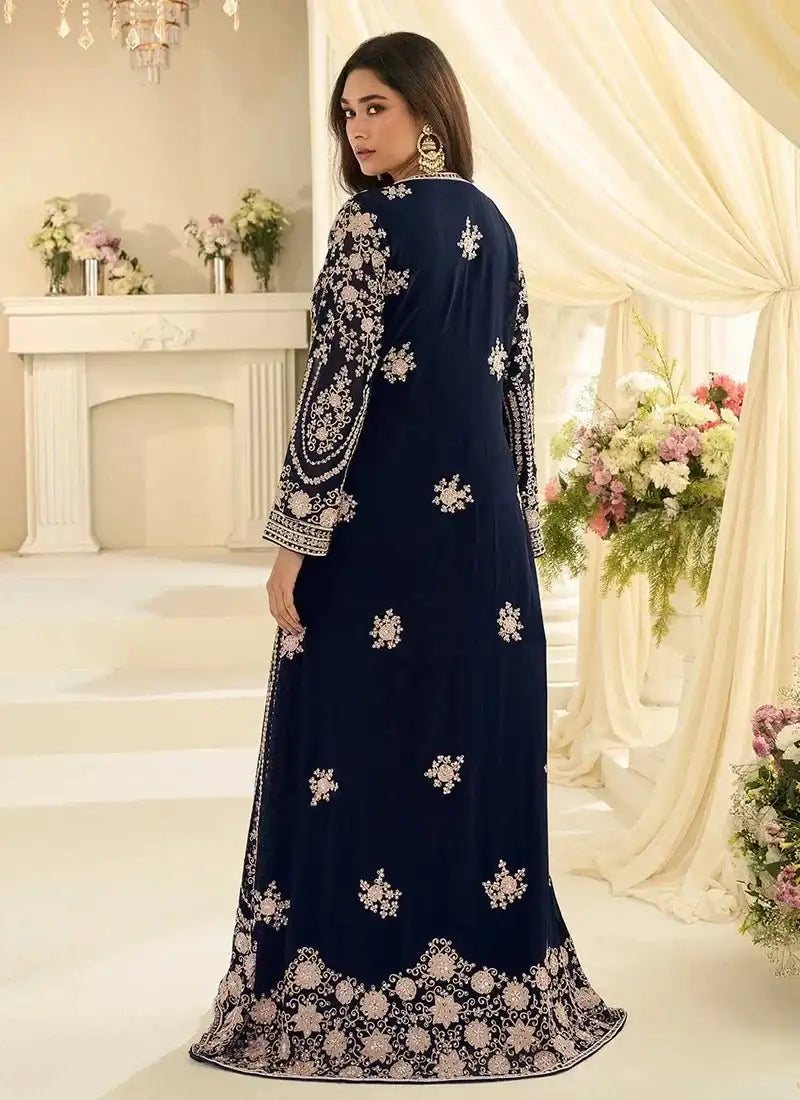 Nayoora Luxe Navy Chinon Silk Mastani Gown with Embroidered Jacket & Belt - Nayoora
