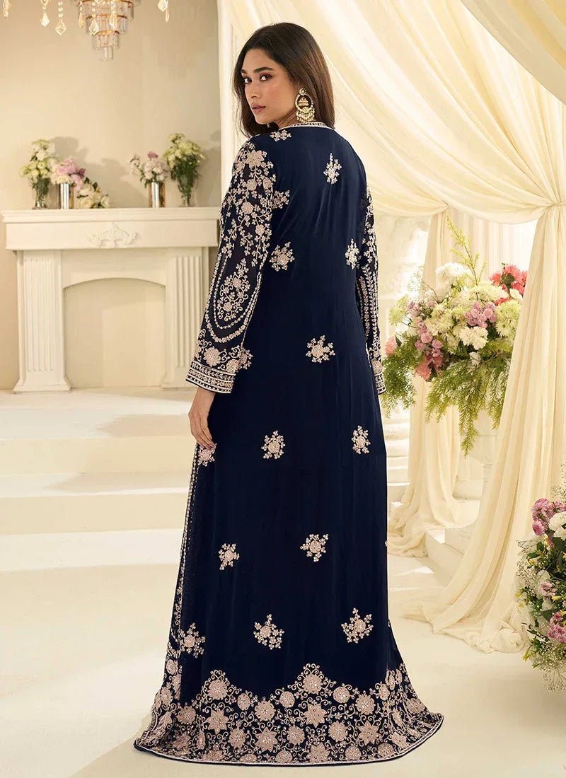 Nayoora Luxe Navy Chinon Silk Mastani Gown with Embroidered Jacket & Belt - Nayoora